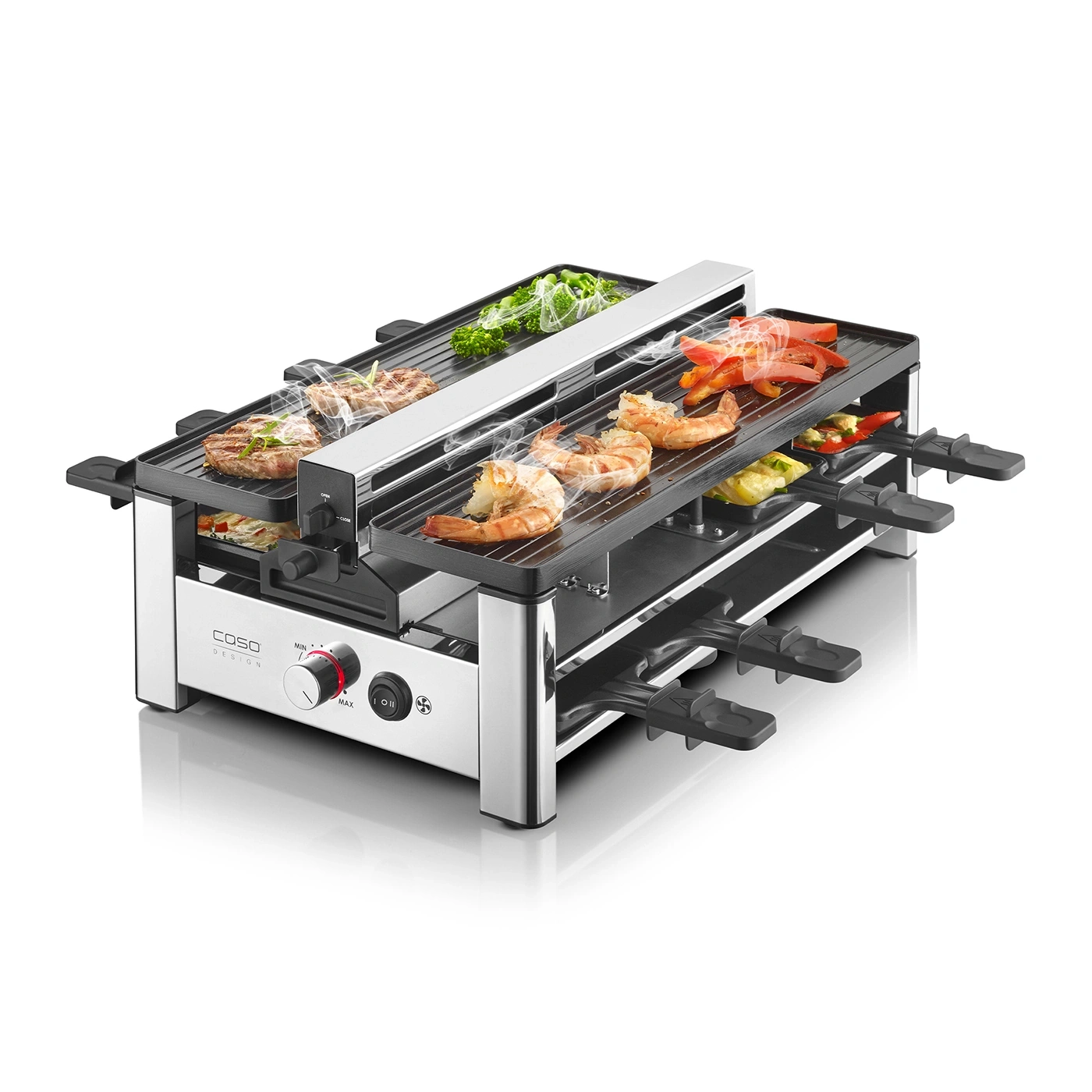 A raclette grill with meat, shrimp, and vegetables