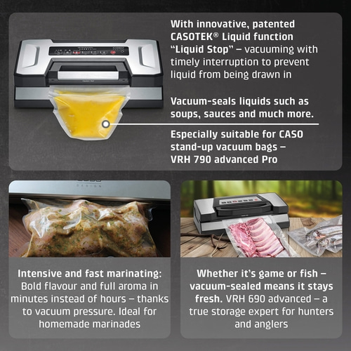 Vacuum sealer with text about liquids, marinating, and wild game or fish.
