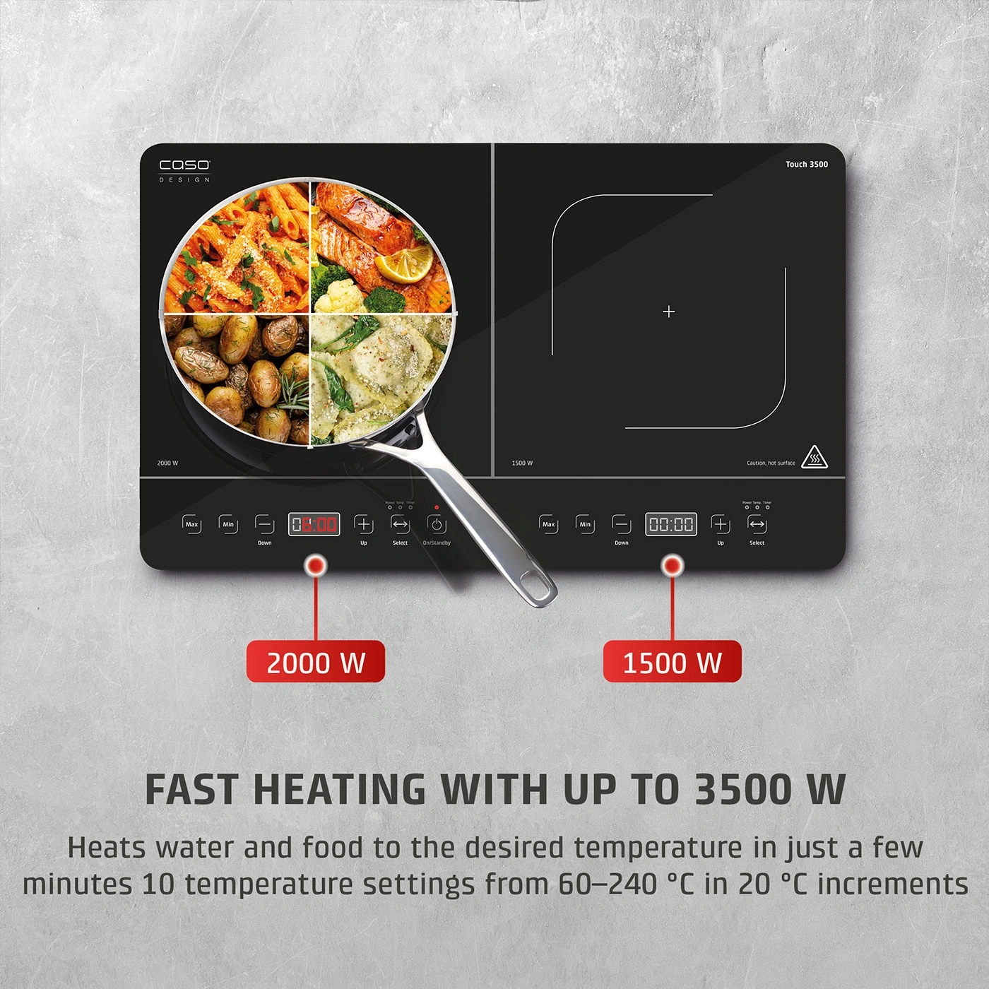 Double induction hob with touchscreen controls and four different food dishes.