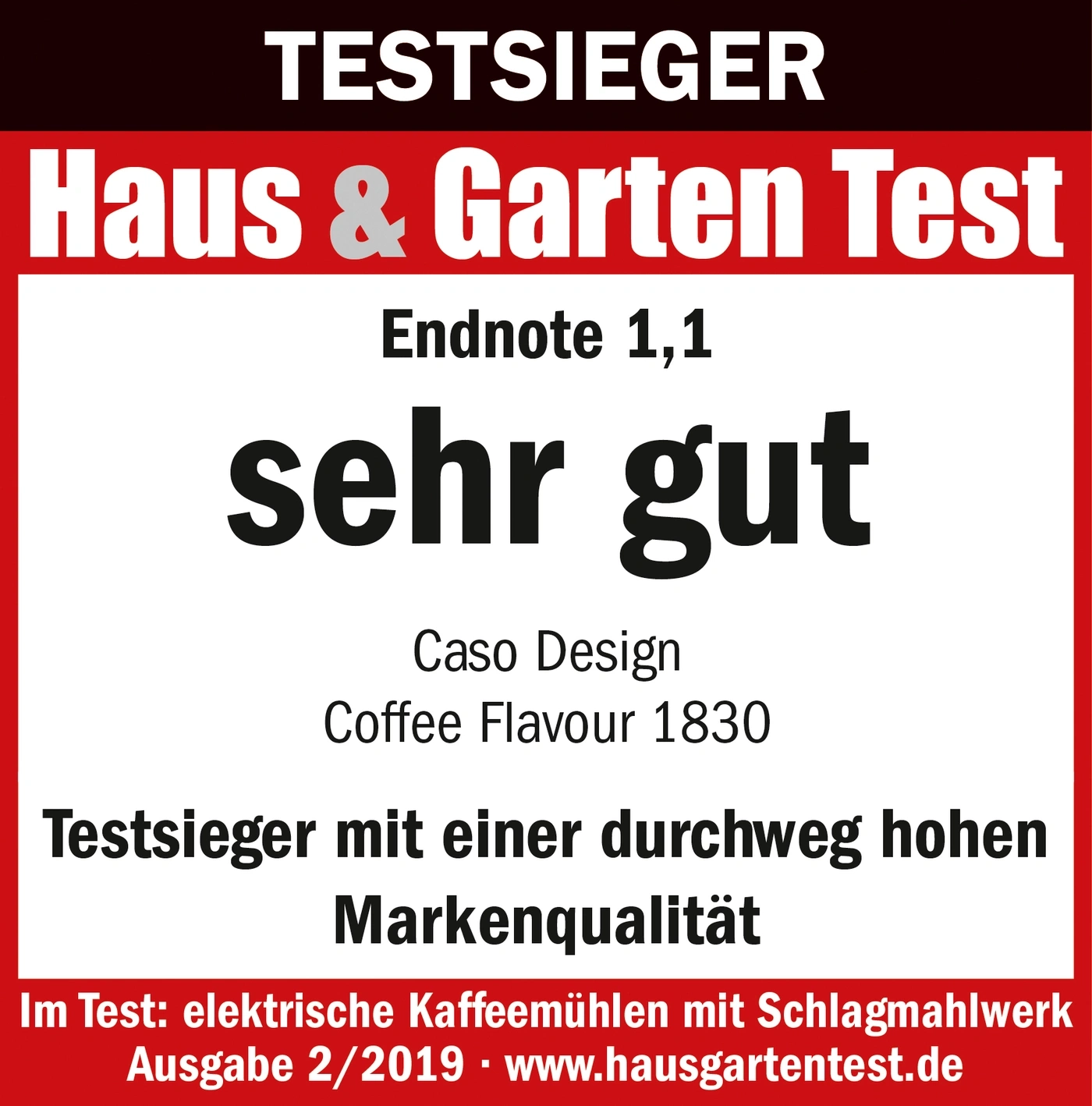 Testsieger Haus & Garten Test, Endnote 1,1, sehr gut, Caso Design Coffee Flavour 1830, Markenqualität