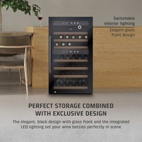 Wine cooler with glass front and elegant design for perfect wine storage.