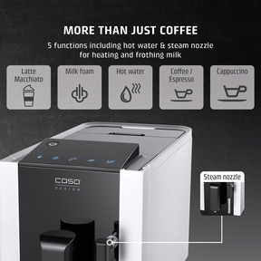 Coffee machine with functions for latte macchiato, milk foam, hot water, espresso and cappuccino.