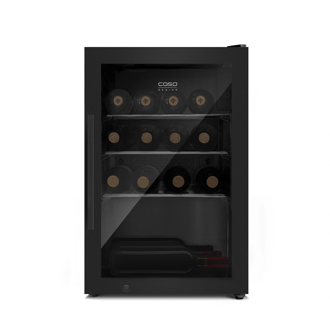 Schwarzer Weinkühlschrank mit Glasfront und Weinflaschen im Inneren. Caso Design.