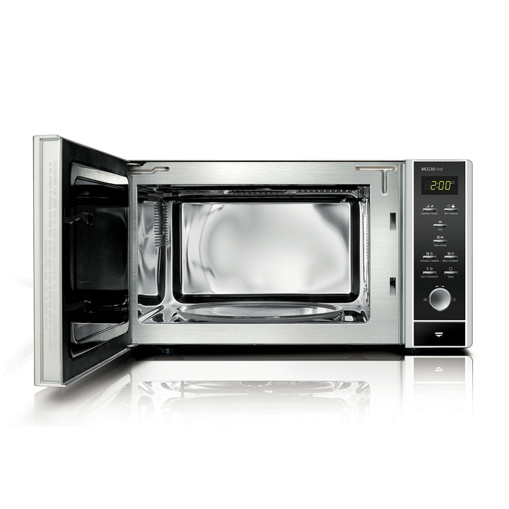 Microwave with open door, control panel, time 2:00, MCG30 chef, stainless steel
