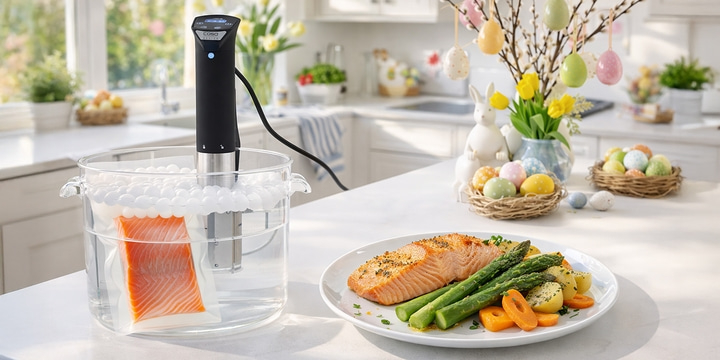 Ein Lachsfilet wird Sous-Vide gegart, daneben ein Teller mit gegartem Lachs, Spargel und Kartoffeln, Osterdekoration im Hintergrund.