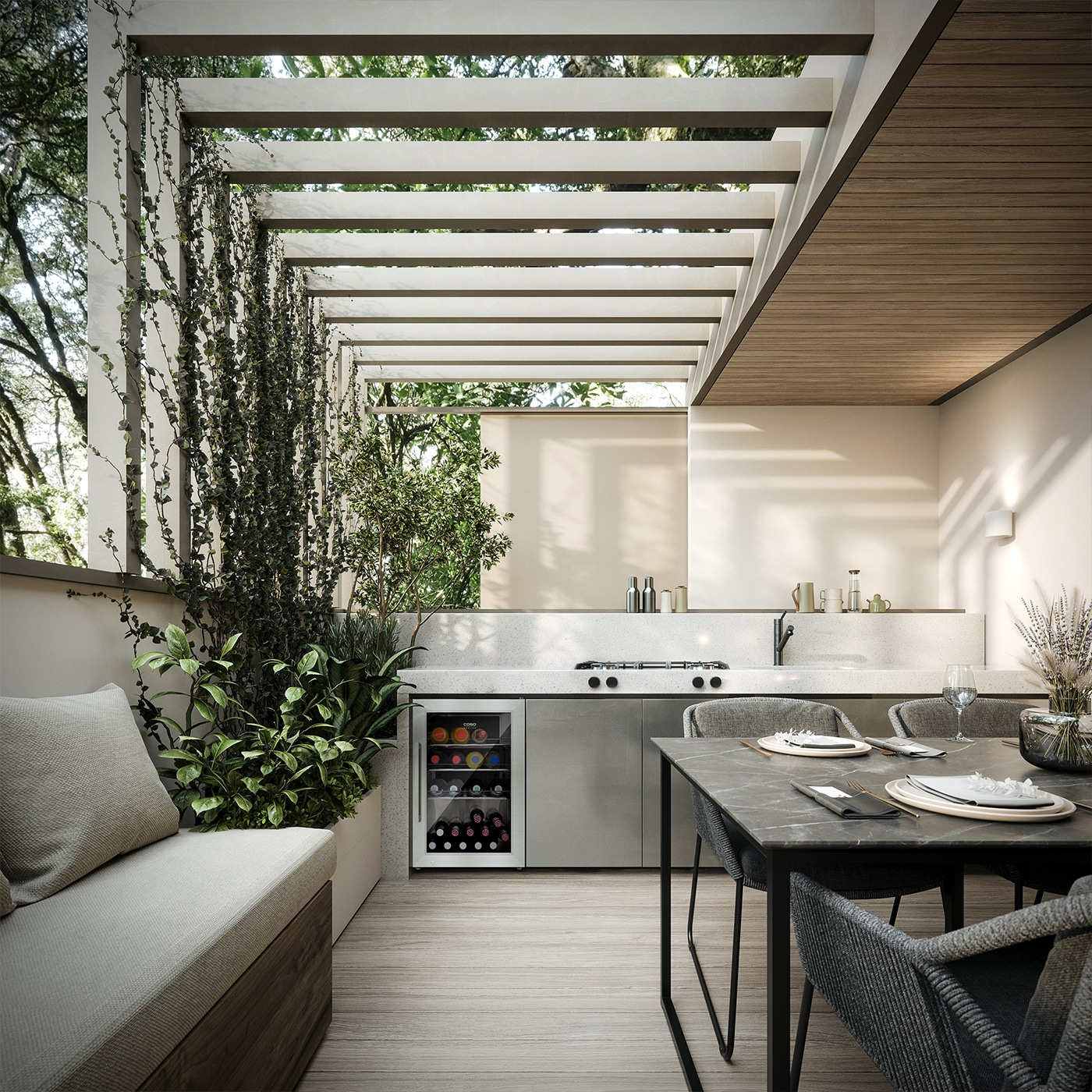 Terrasse mit Küche, Esstisch, Wein, Pflanzen, Pergola, Holz, modern, draußen, entspannen