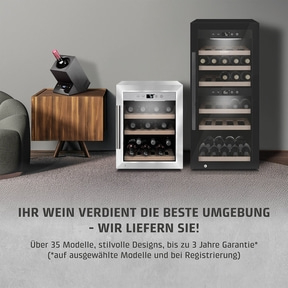 Wine cooler display with text: Your wine deserves the best environment - We deliver it!