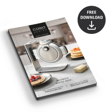 Baking book with waffle iron, download button, sweet and savory waffles