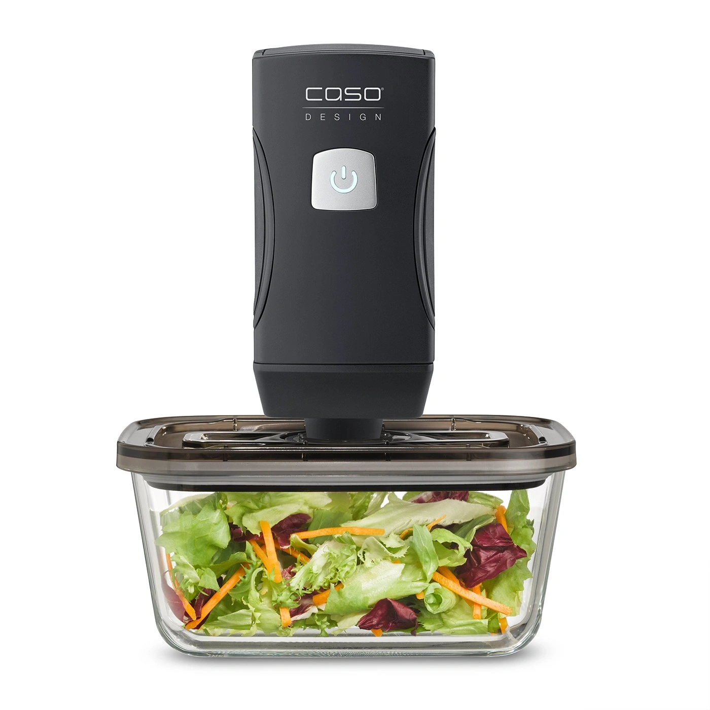 Vacuum sealer with salad in glass container. Caso Design. Black.