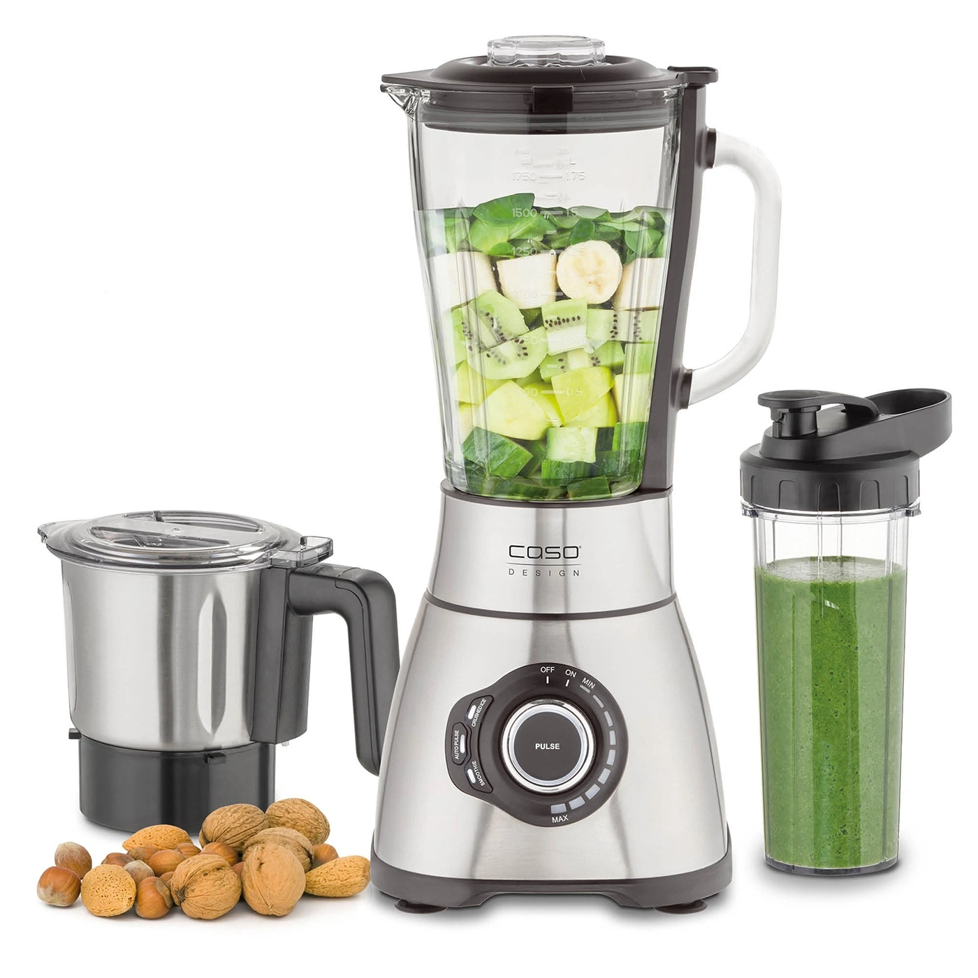 Ein Mixer mit Obst und Nüssen, bereit für einen Smoothie.
