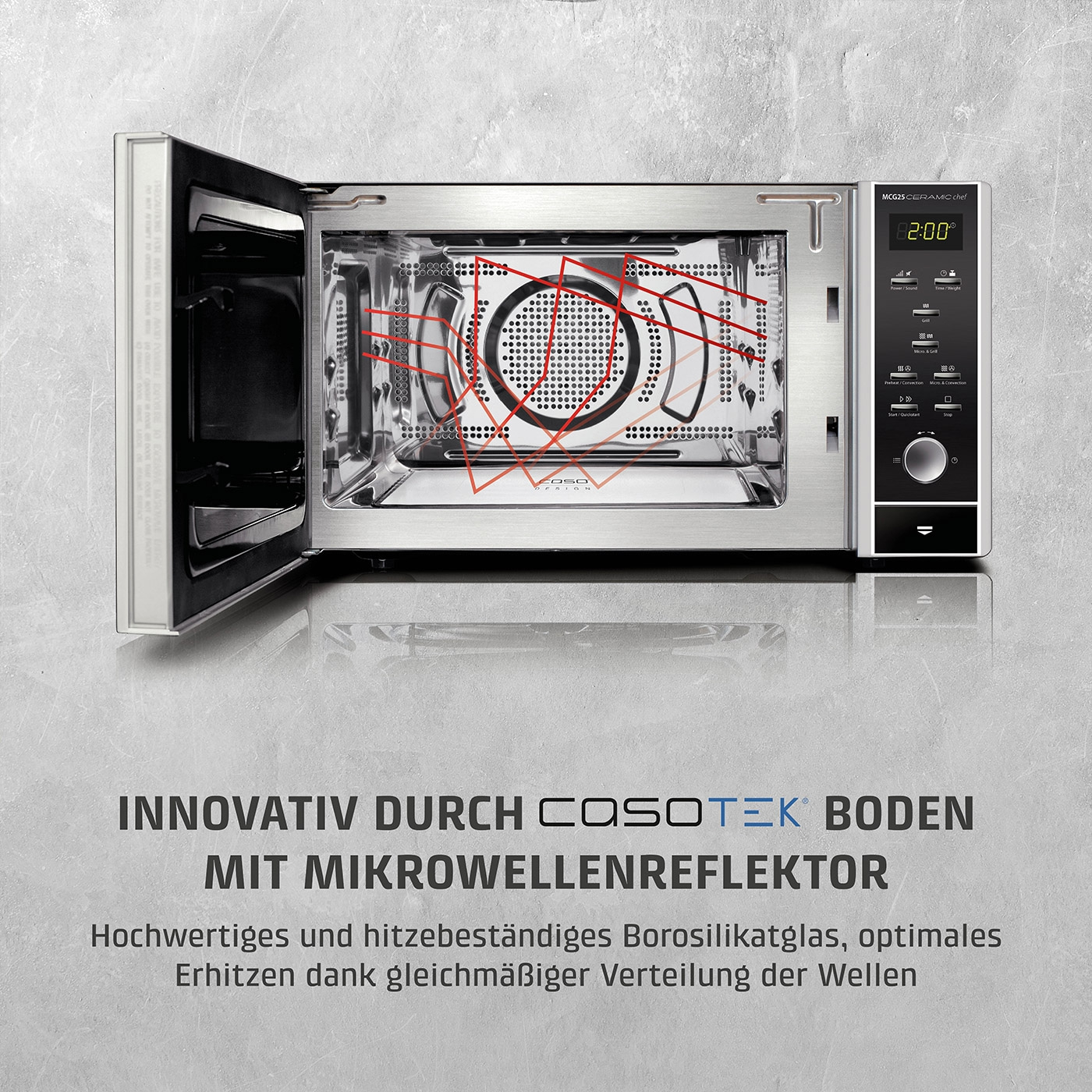 Mikrowelle mit Borosilikatglas und Mikrowellenreflektor für gleichmäßige Erhitzung. Innovatives Design von Cosotek.