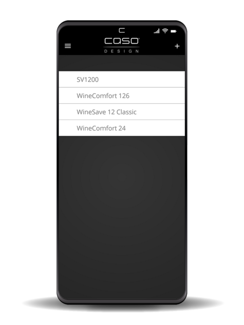 Smartphone app displaying product list: SV1200, WineComfort 126, WineSave 12 Classic, WineComfort 24.