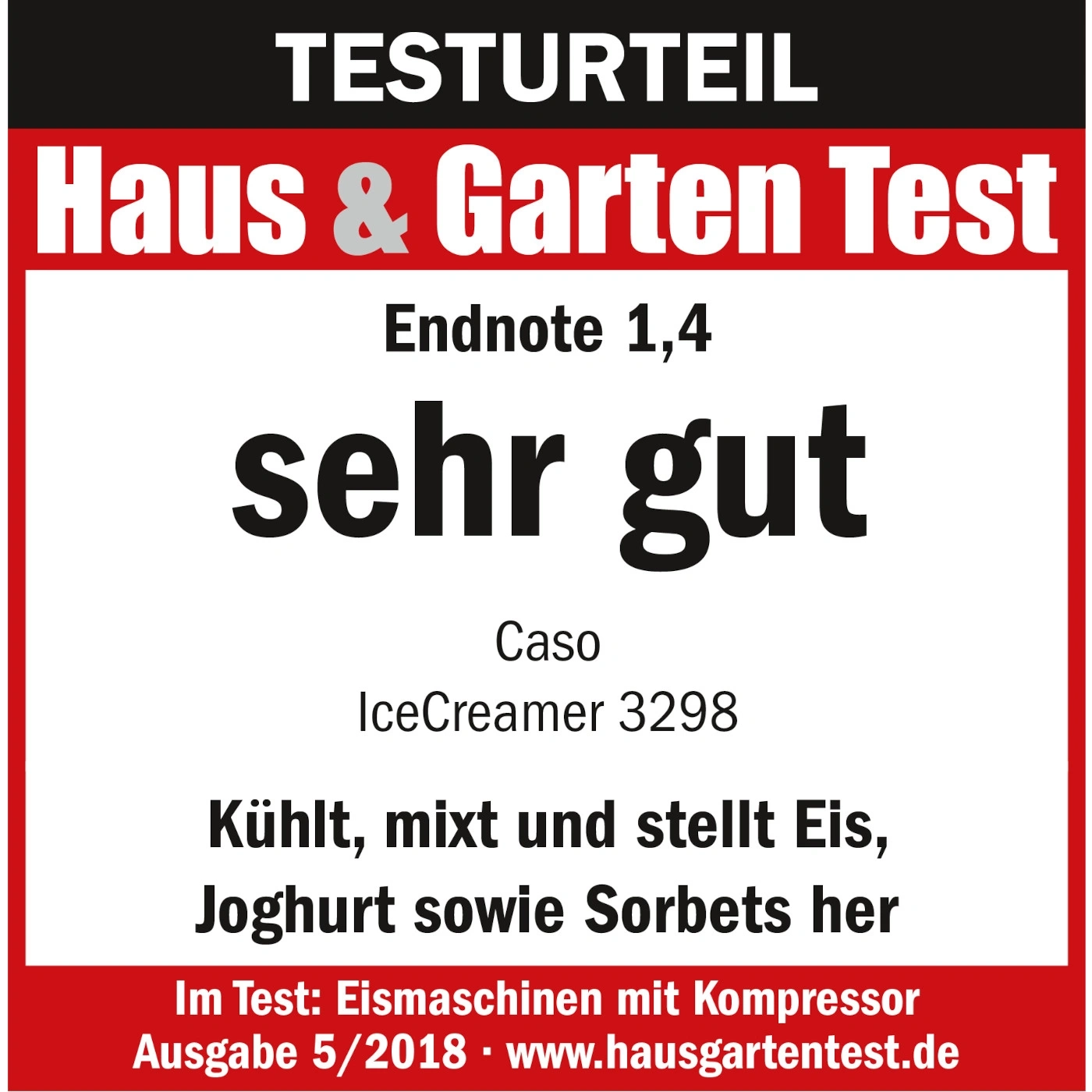 Test result Haus & Garten Test, grade 1.4, very good, Caso IceCreamer 3298, cools, mixes and makes ice cream, yogurt and sorbets