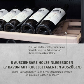 Wine cooler with wooden shelves and wine bottles, presentation of wines, storage
