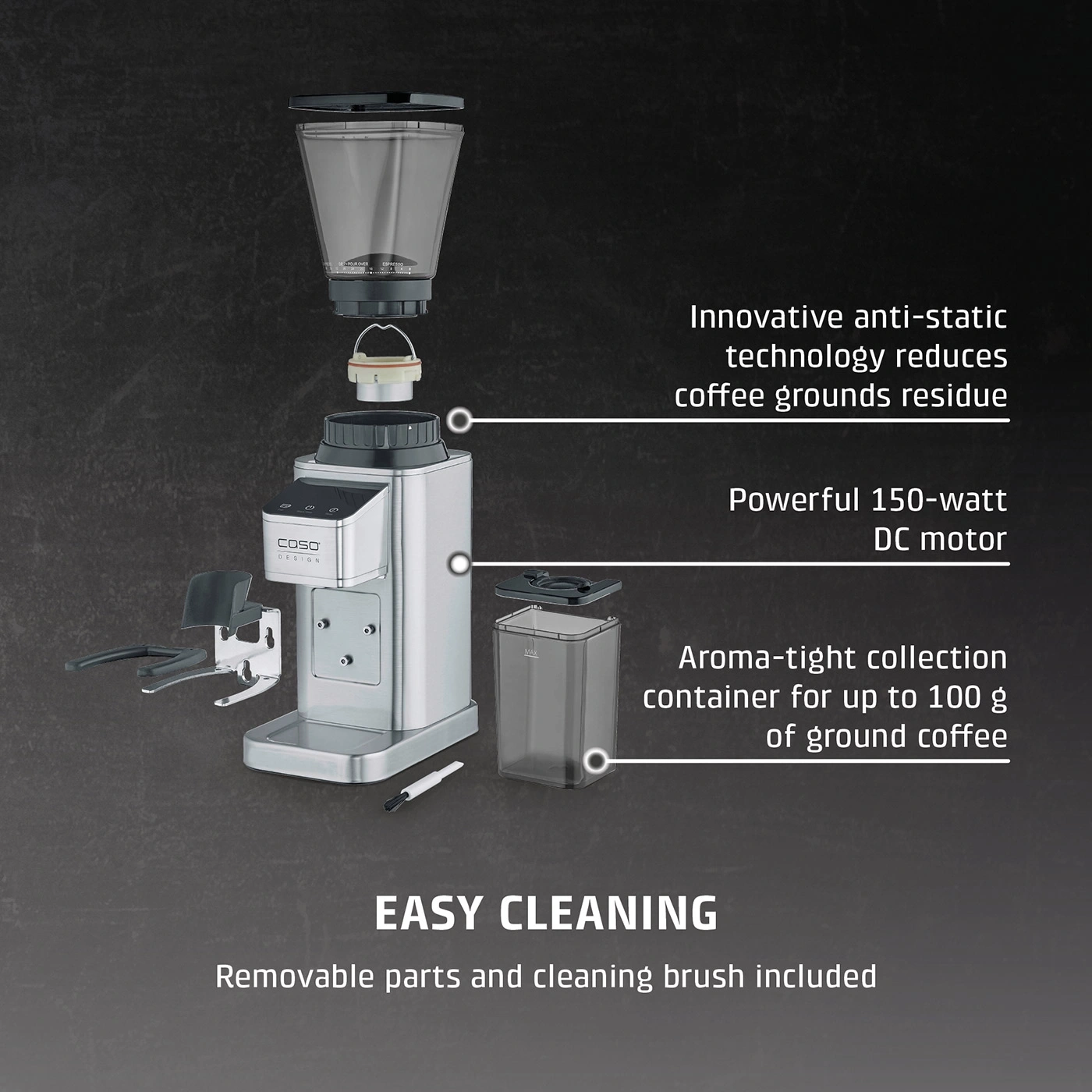 Coffee grinder with removable parts and brush