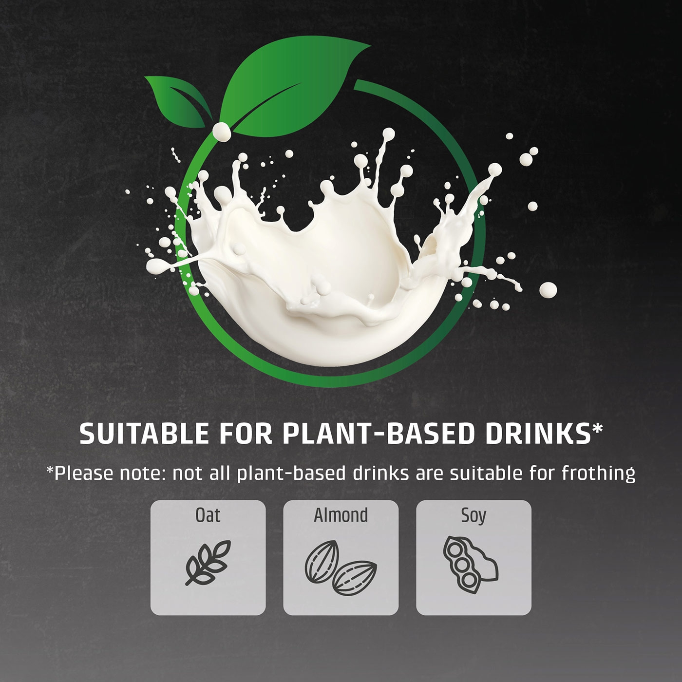 Advertisement for plant-based milk with oat, almond, and soy options.