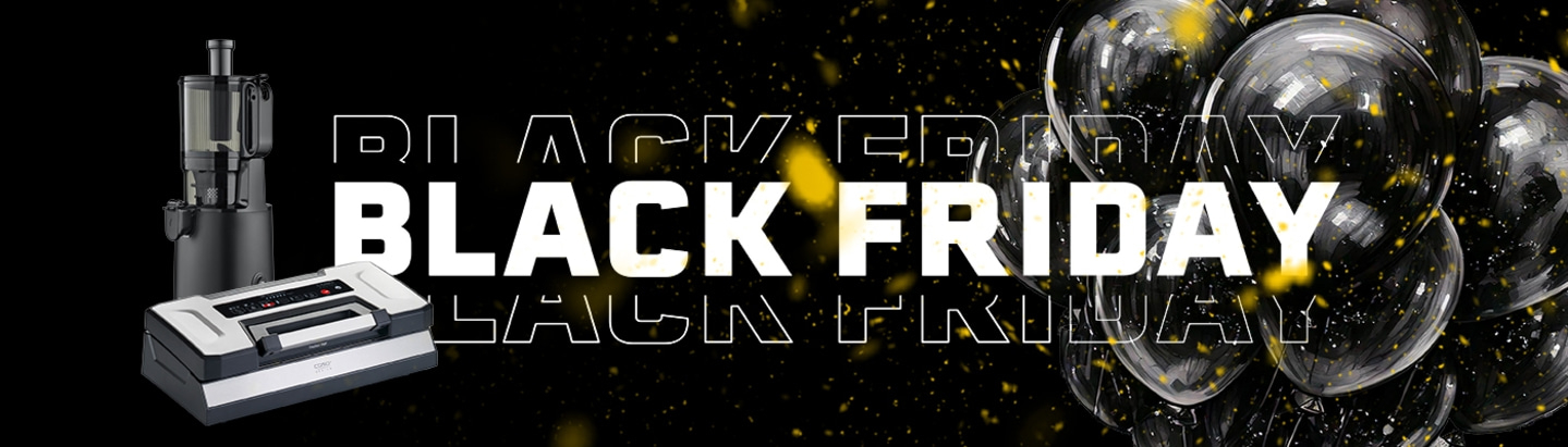 Schwarzer Freitag Banner mit Produkten und Luftballons