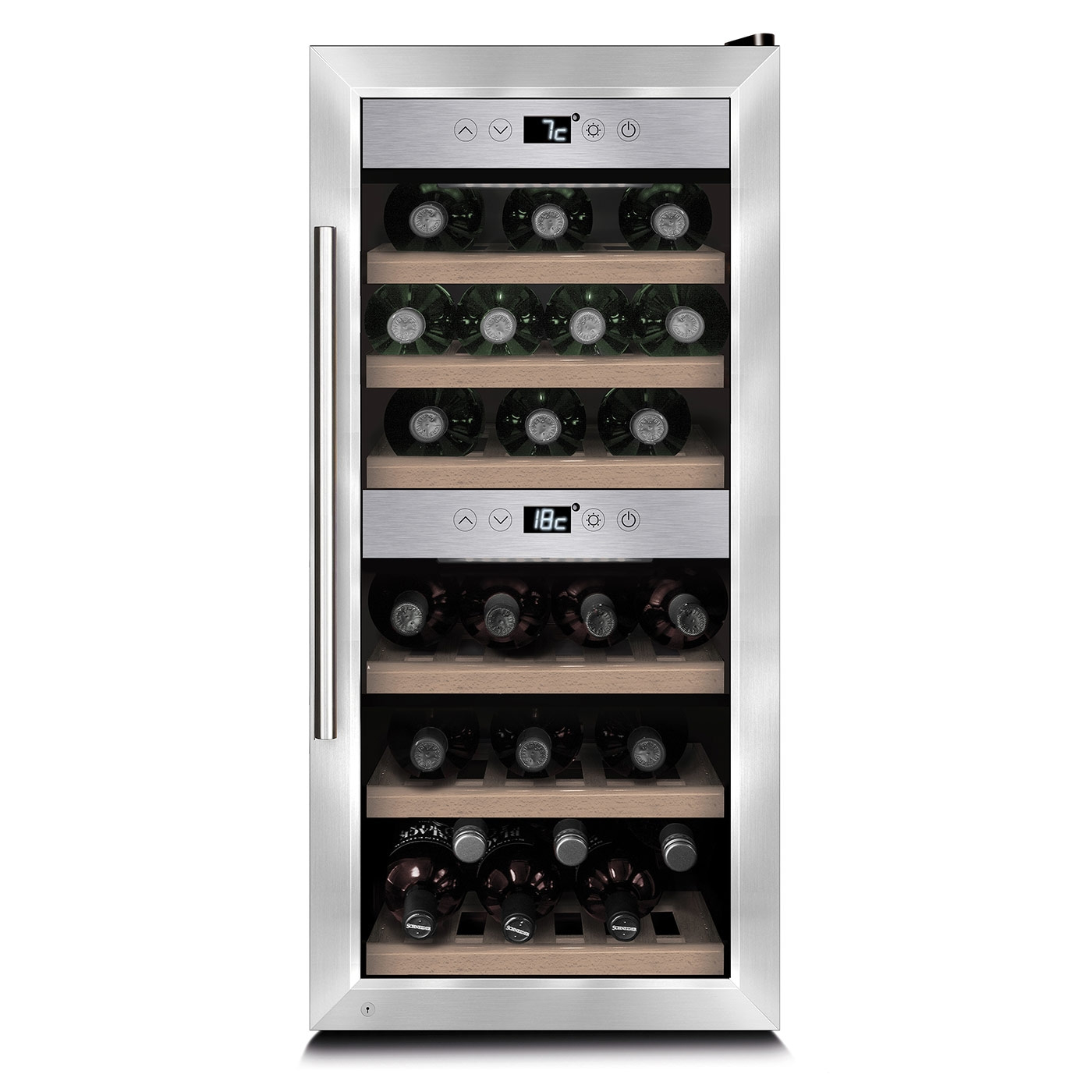 Weinkühlschrank mit Flaschen, Temperaturanzeige und Edelstahl-Design.