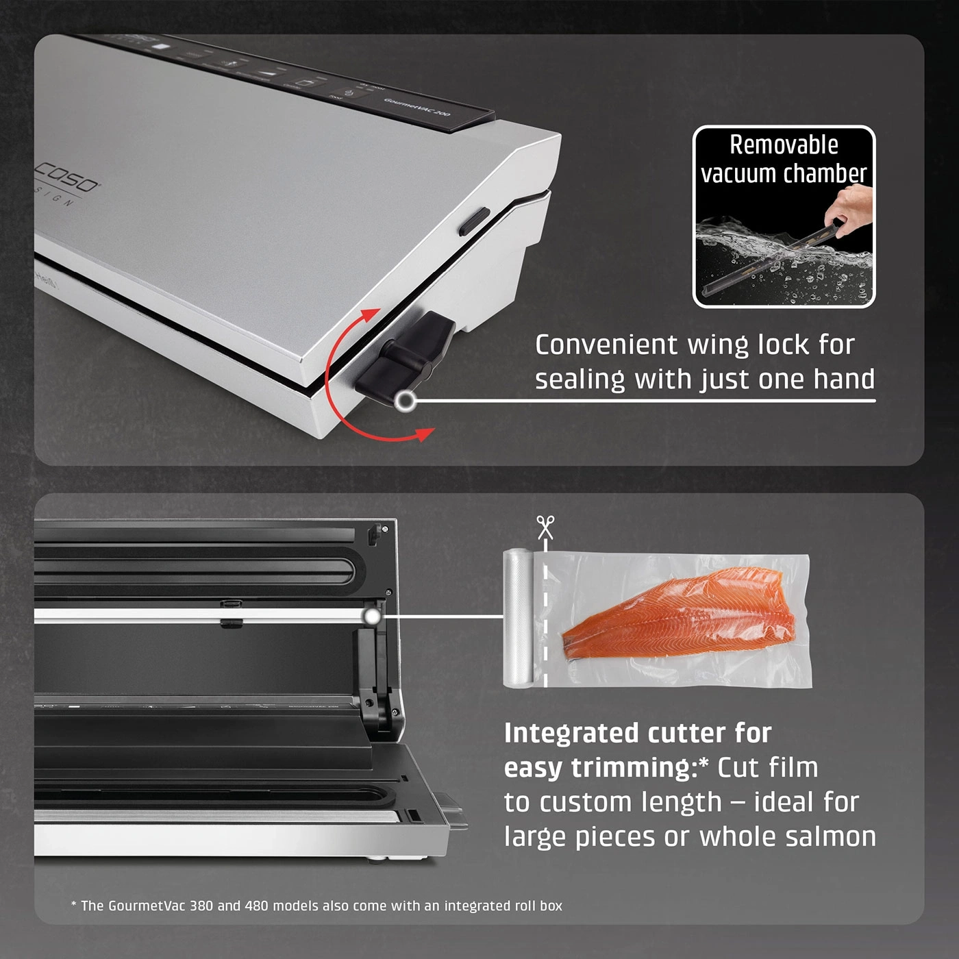 Vacuum sealer with removable vacuum chamber and integrated cutter for salmon.