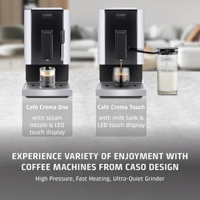 Caso Design coffee machines: Café Crema One and Touch with LED display and milk tank.