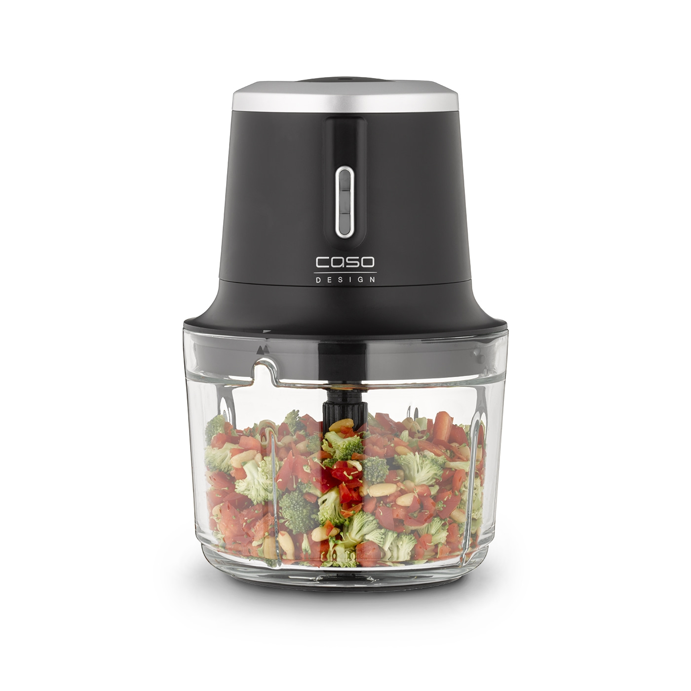Black kitchen blender with vegetables, Caso Design, glass container, isolated