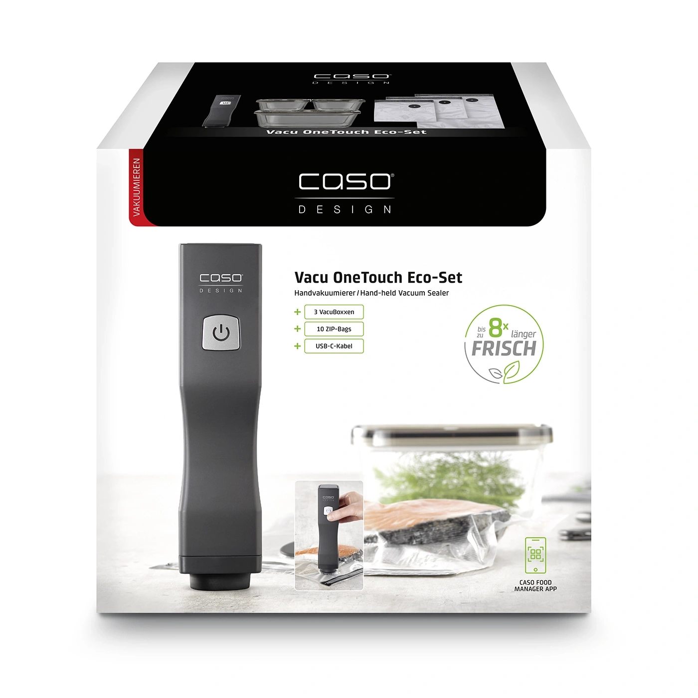 Caso Vacu OneTouch Eco-Set, hand vacuum sealer, 3 VacuBoxxen, 10 ZIP-Bags, USB-C cable