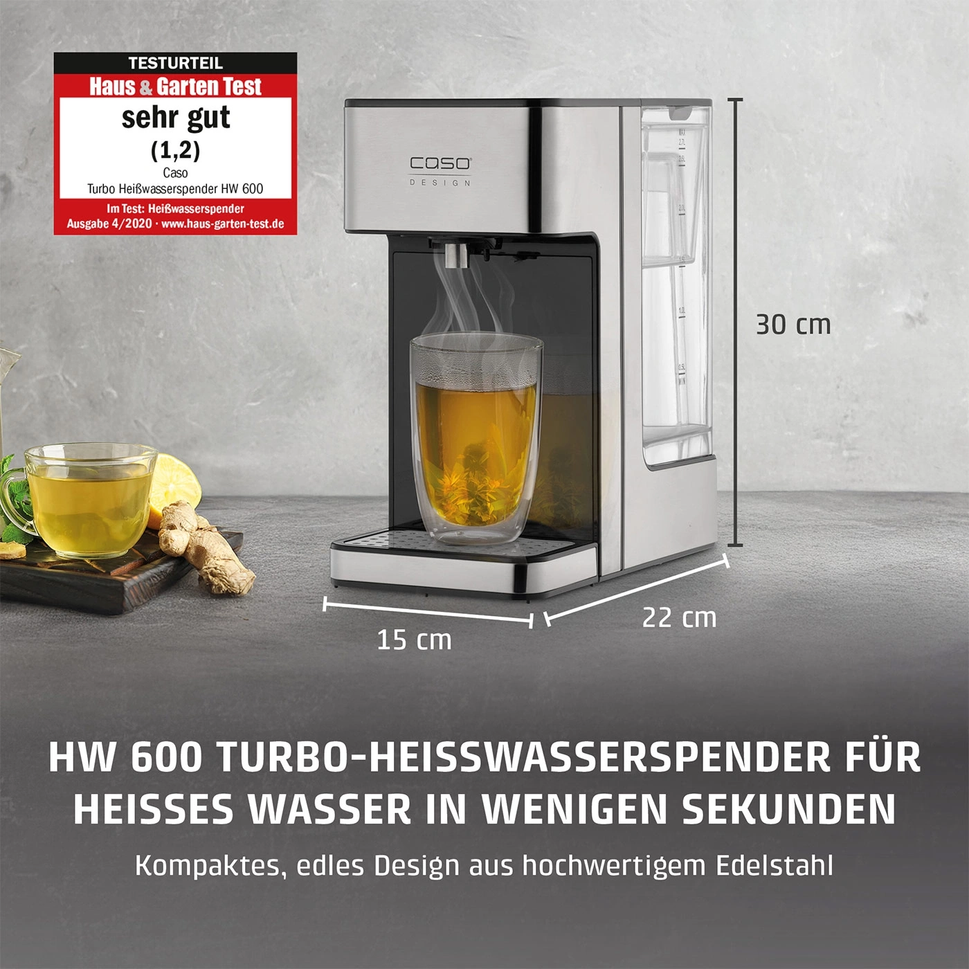 Ein Caso Turbo Heißwasserspender HW 600 mit einem Glas Tee und Zitrone.