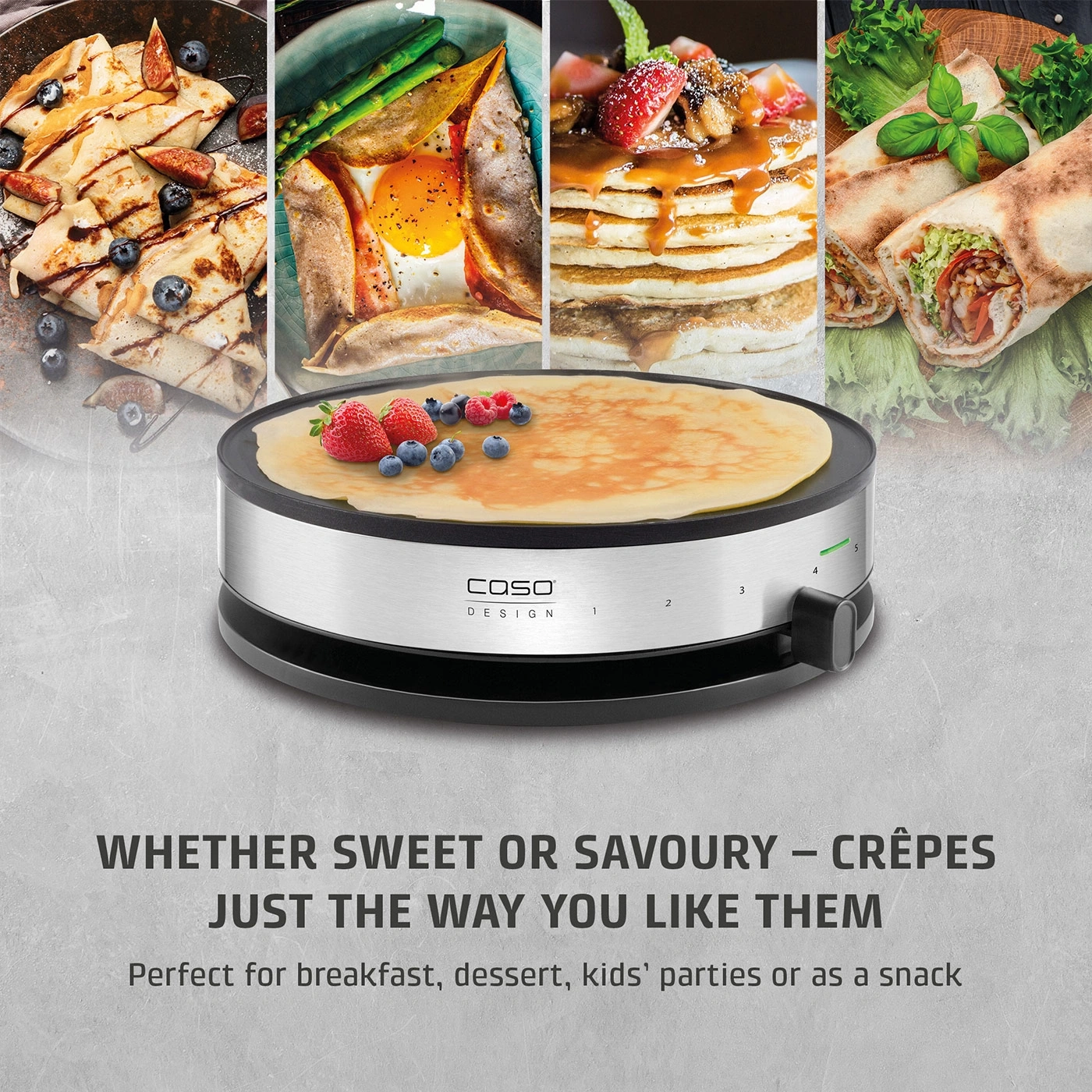 Crepe maker with sweet and savory crepe images.