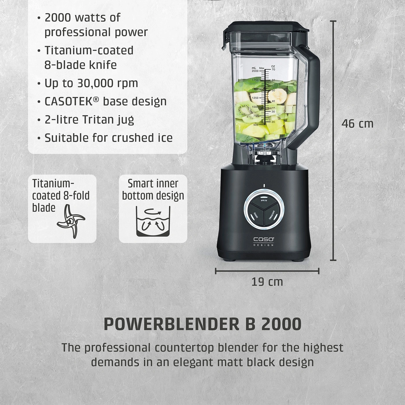 A black stand mixer with a glass container filled with fruit and ice. Text and symbols are next to it.