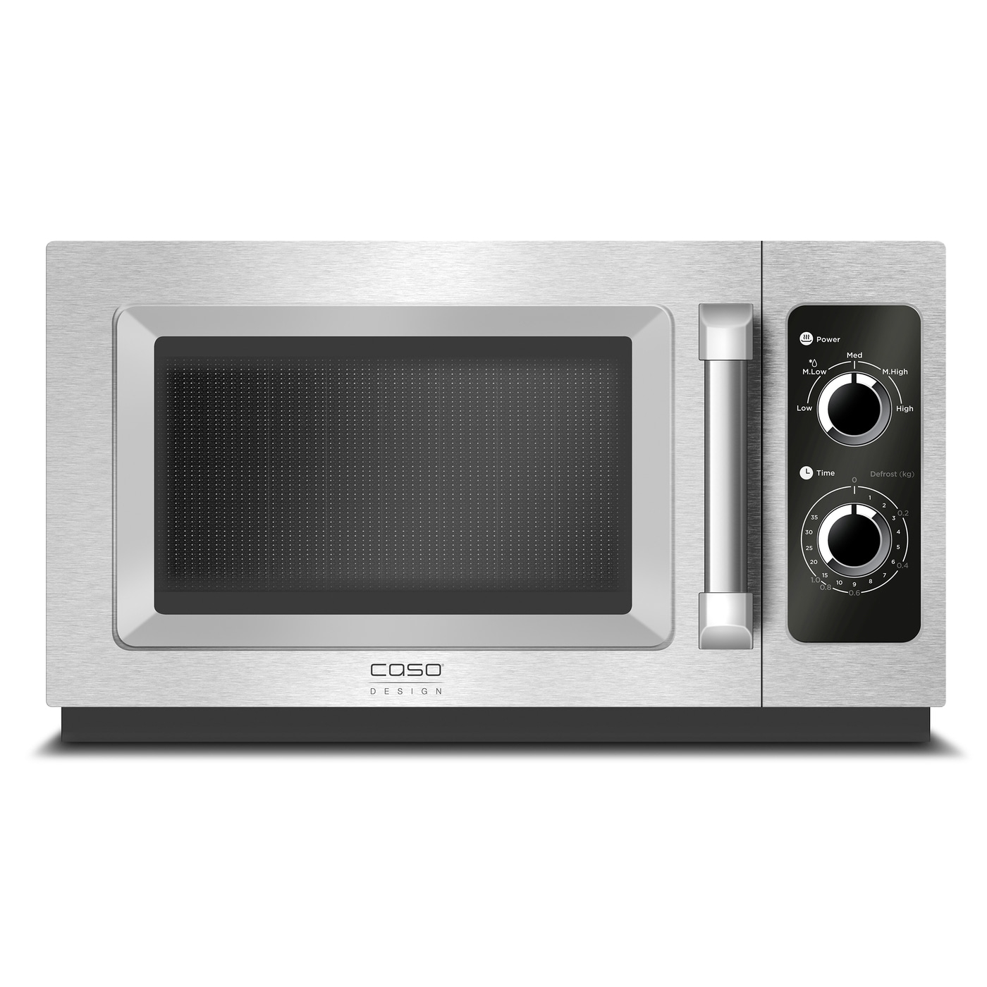 Microwave with dials for power and time, Caso Design, stainless steel look, modern kitchen appliance.