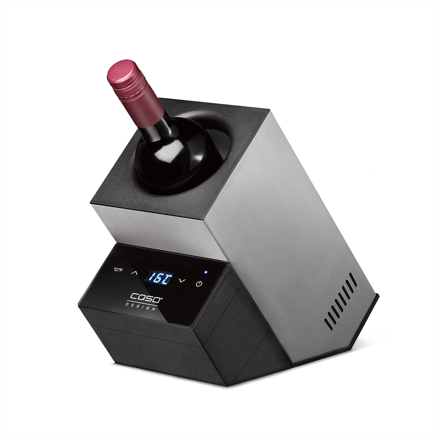 Weinkühler mit Flasche. Modernes Design, Temperaturanzeige, Edelstahl.
