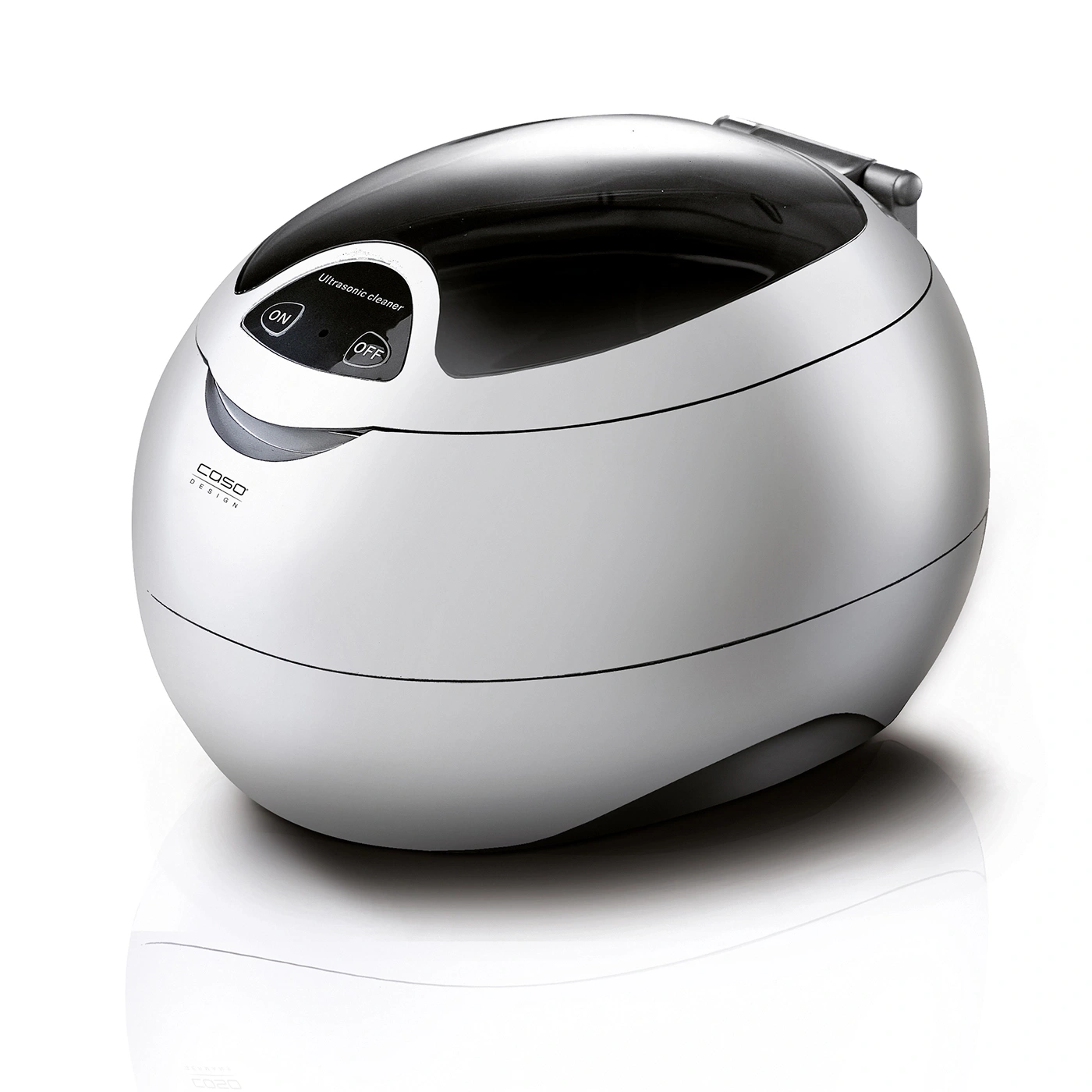 Silver ultrasonic cleaner, ON/OFF button, COSO Design, electronic device, clean
