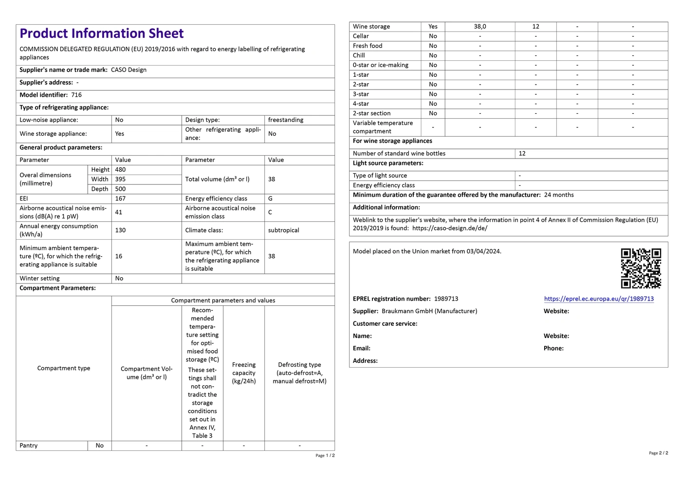 Product data sheet with technical specifications for a refrigerator from CASO Design.