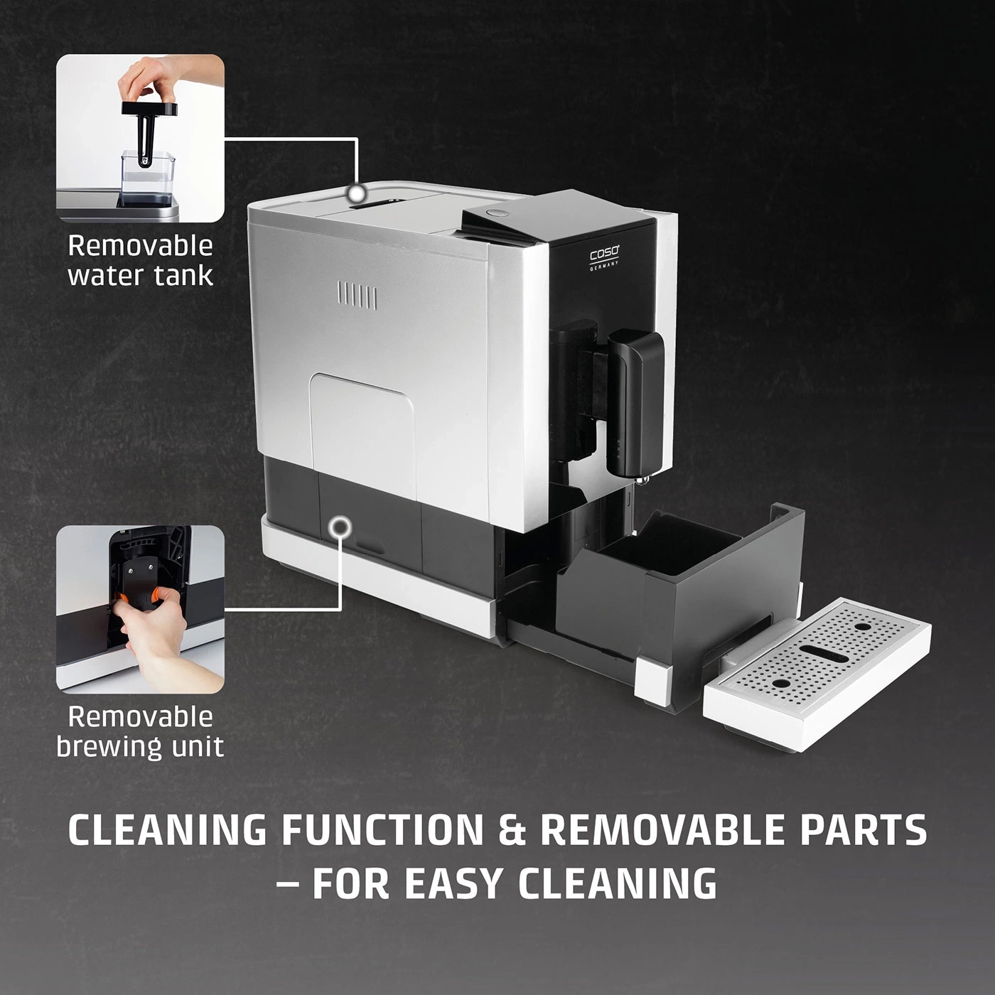 Coffee machine with removable water tank and brewing unit for easy cleaning.