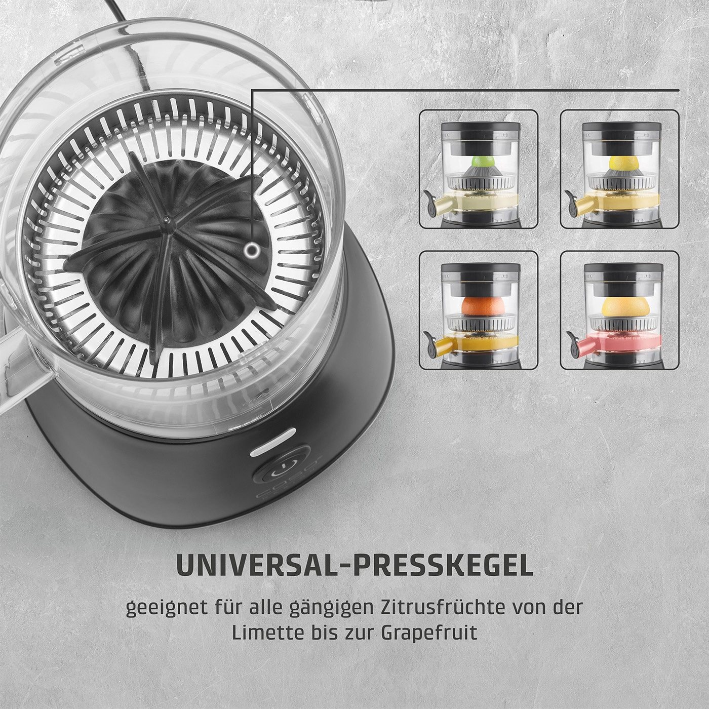 Citrus press with text: Universal-Presskegel, suitable for citrus fruits.