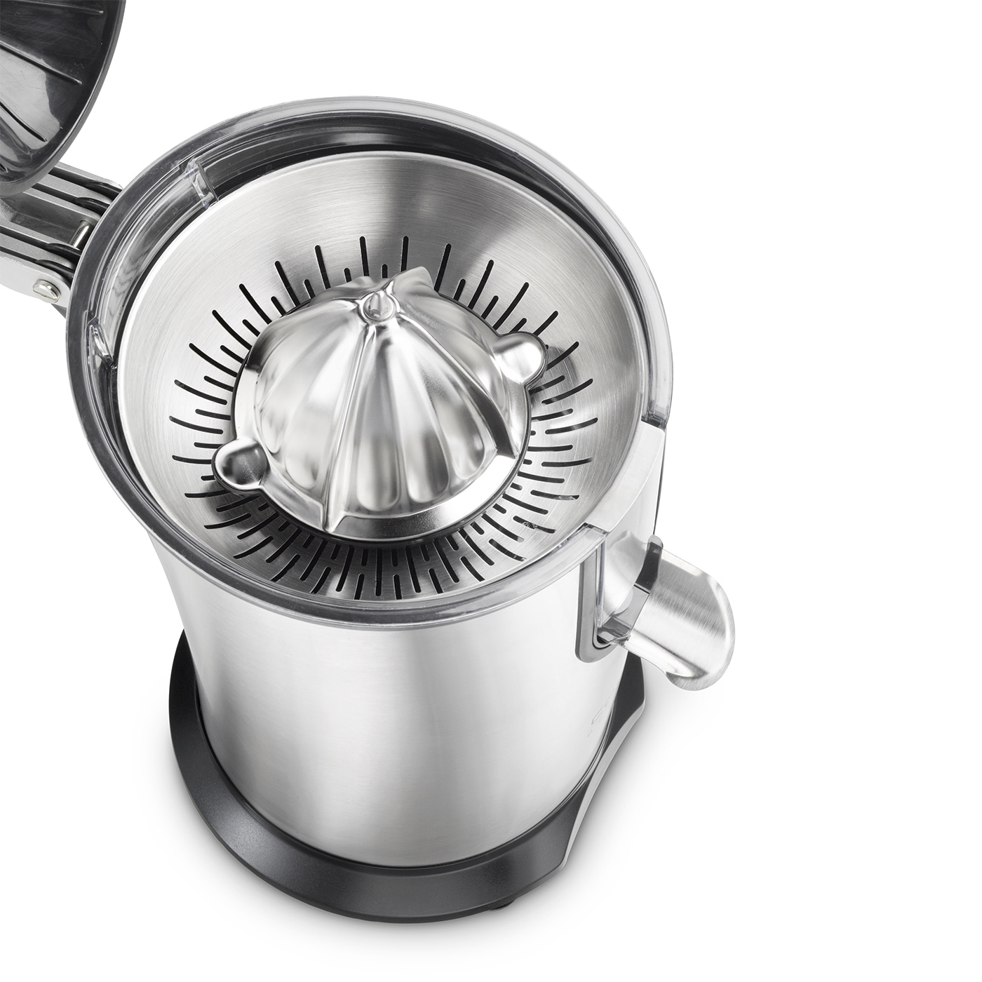 Close-up of a silver juicer with citrus press and transparent container