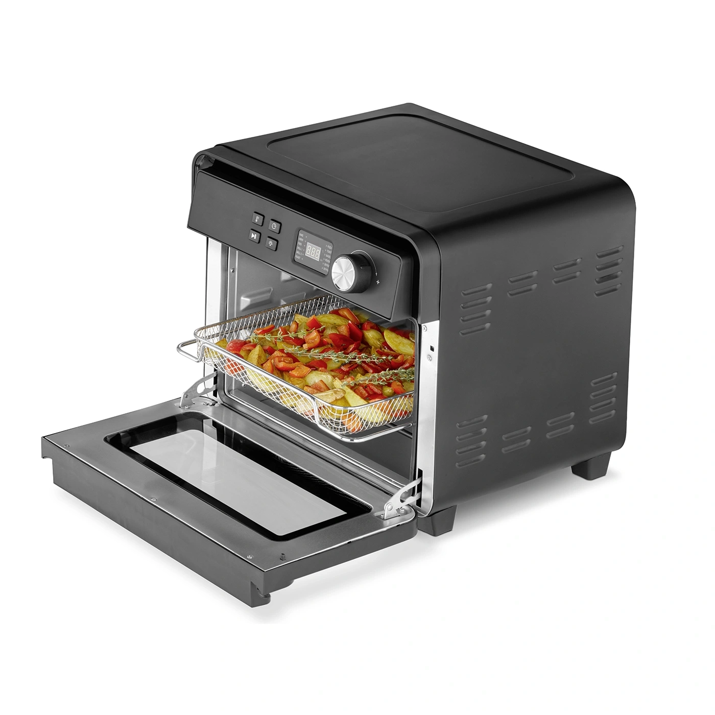 Black air fryer with open door and food in basket, isolated