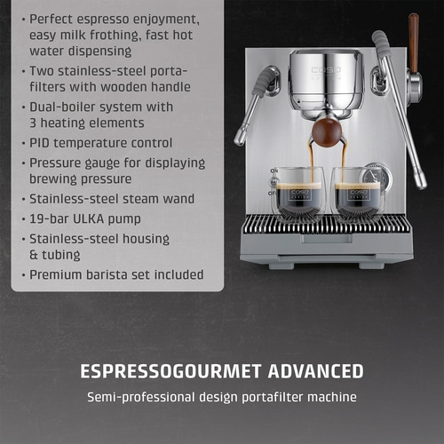 An espresso machine with two glasses of coffee.