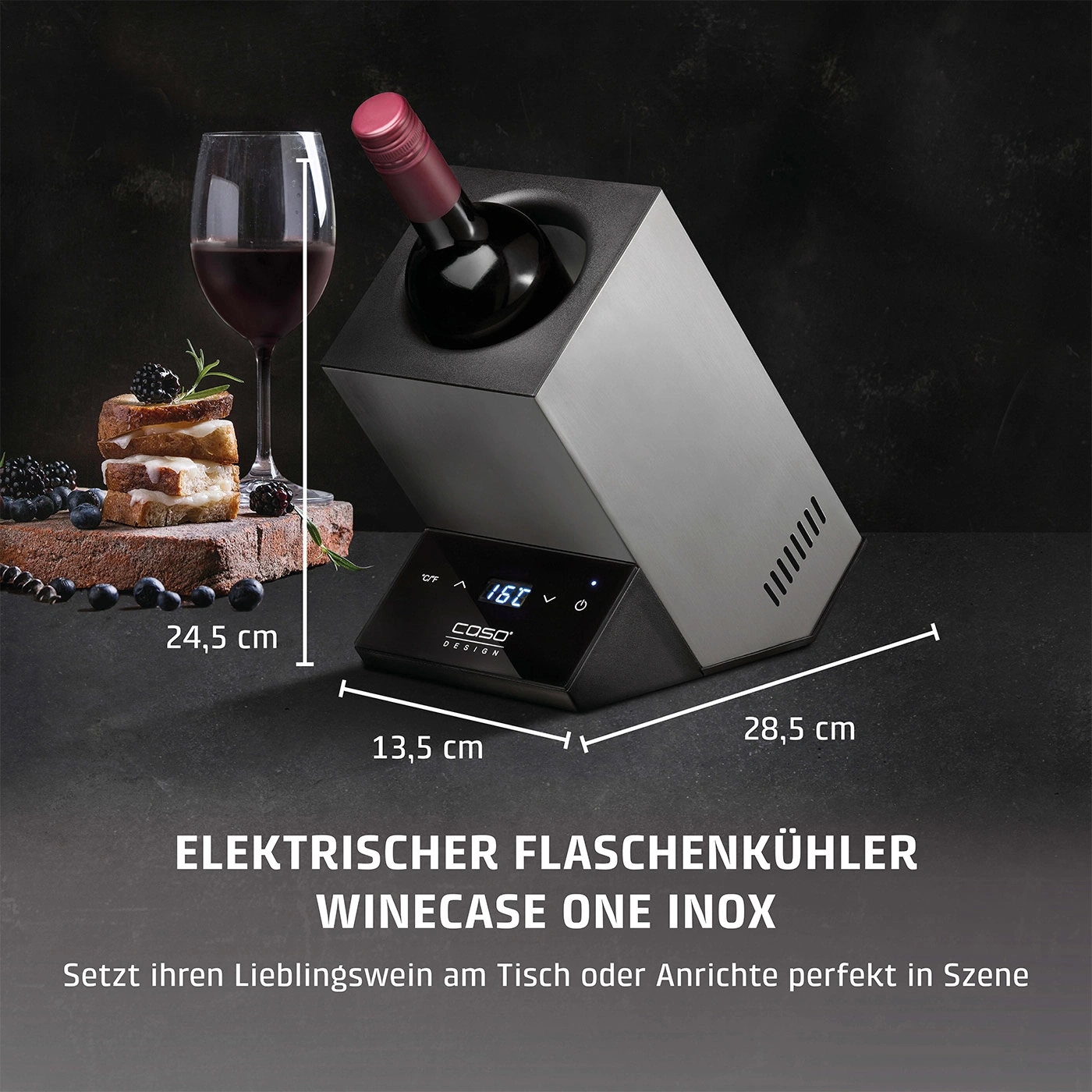 Weinkühler mit Wein, Glas, Essen, Maße, Text, schwarz, grau, Tisch
