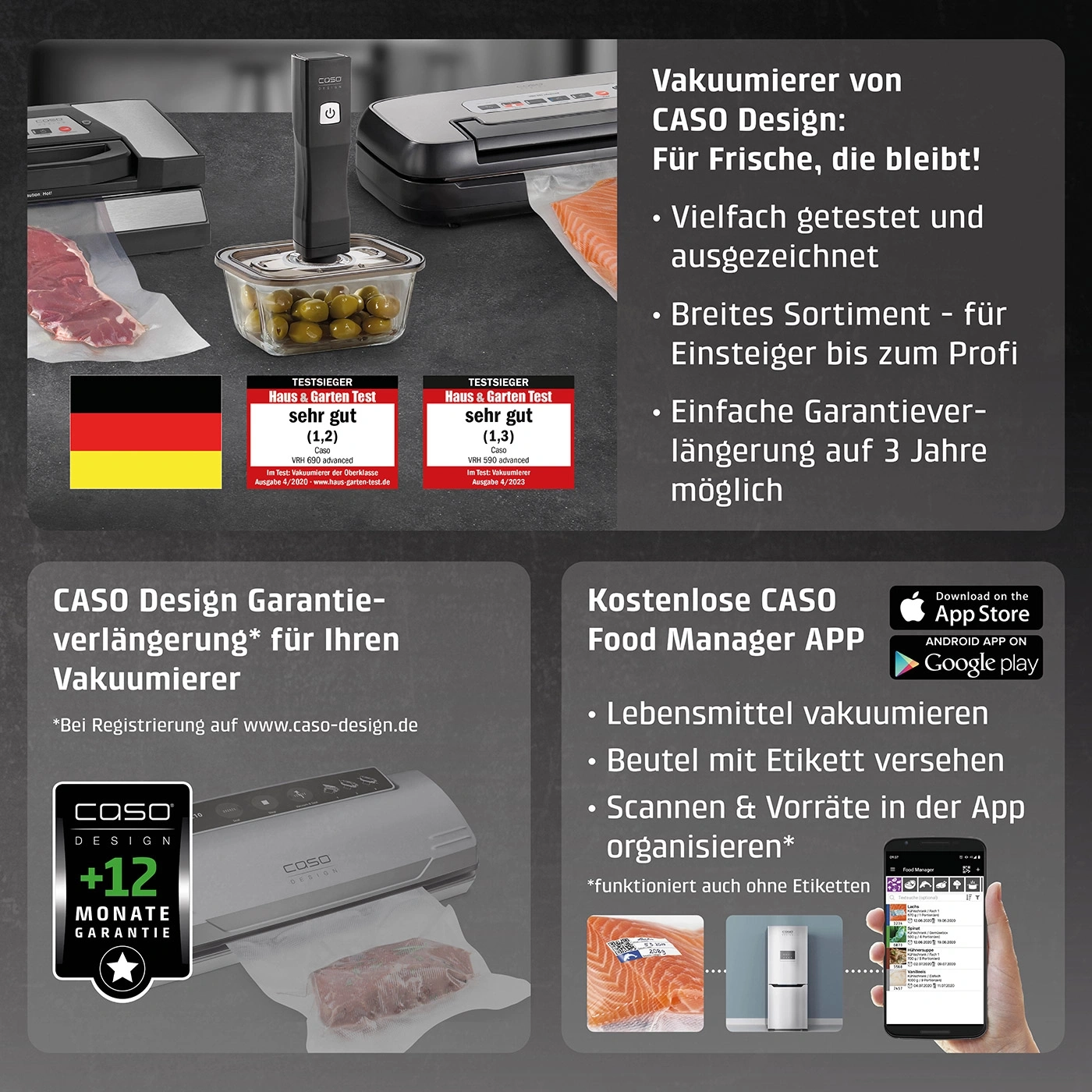 CASO Vakuumierer, Food Manager App, Garantie, Test, Frische, Design, Lebensmittel, Etikett, Scannen, Vorräte