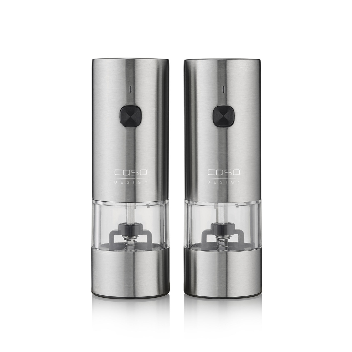 Two stainless steel electric pepper mills with logo and button.