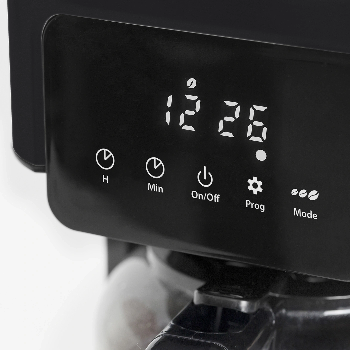 Coffee machine with digital display showing 12:26, buttons for various functions.