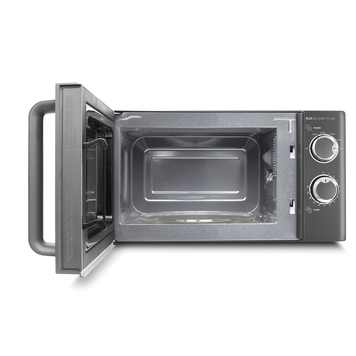 Microwave with open door, control panel, M20 ECOSTYLE, grey color, interior.