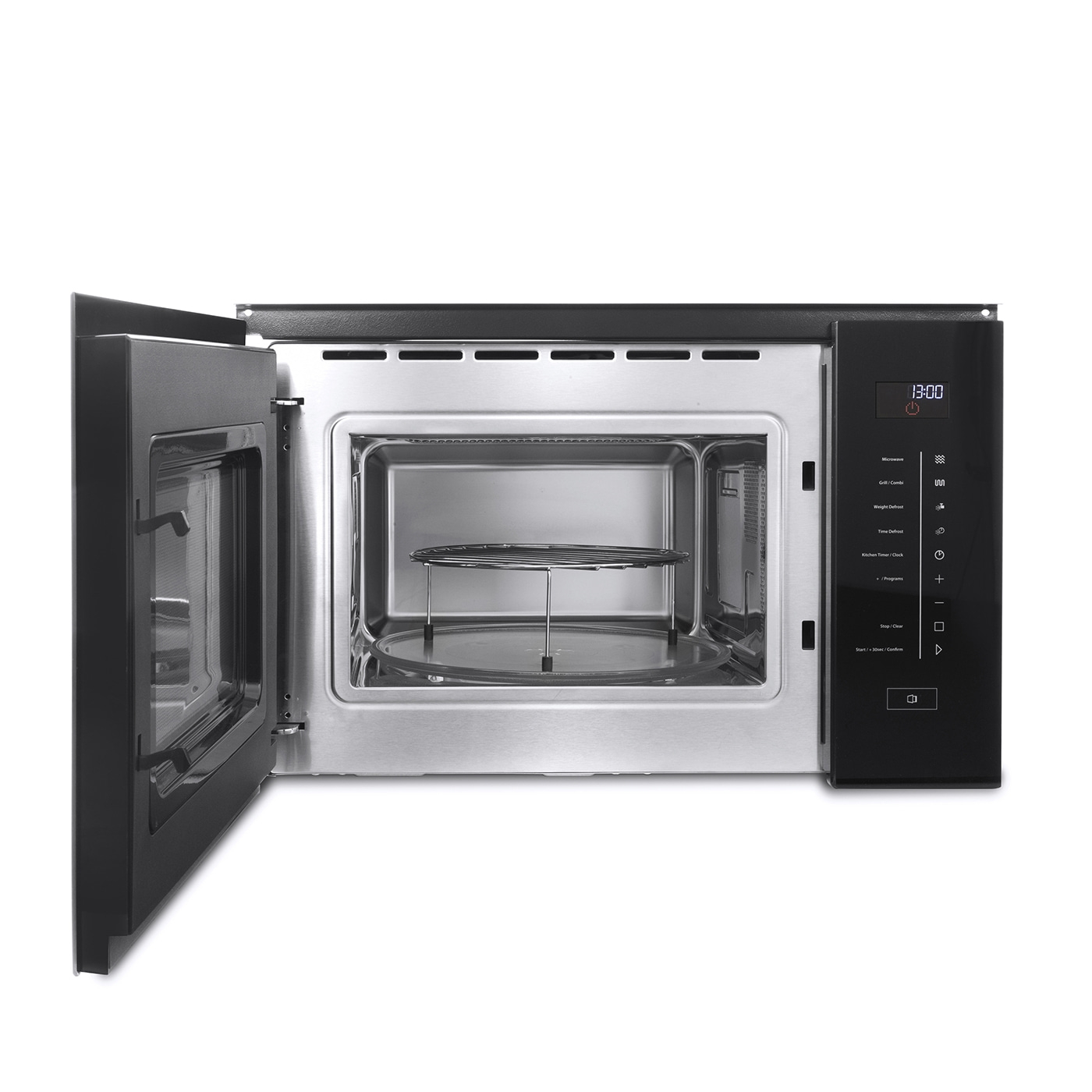 Microwave oven with open door, interior, control panel, stainless steel, black