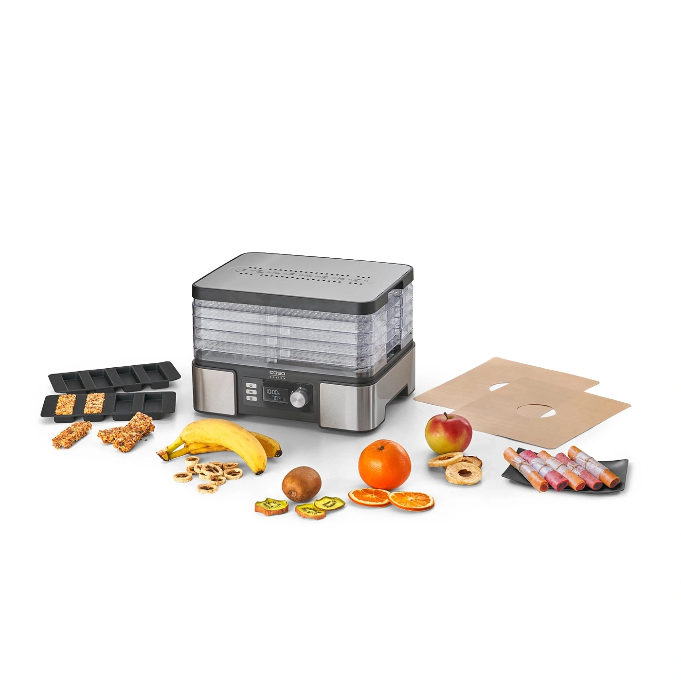 Food dehydrator with fruits and vegetables, dried fruits, banana, apple, orange