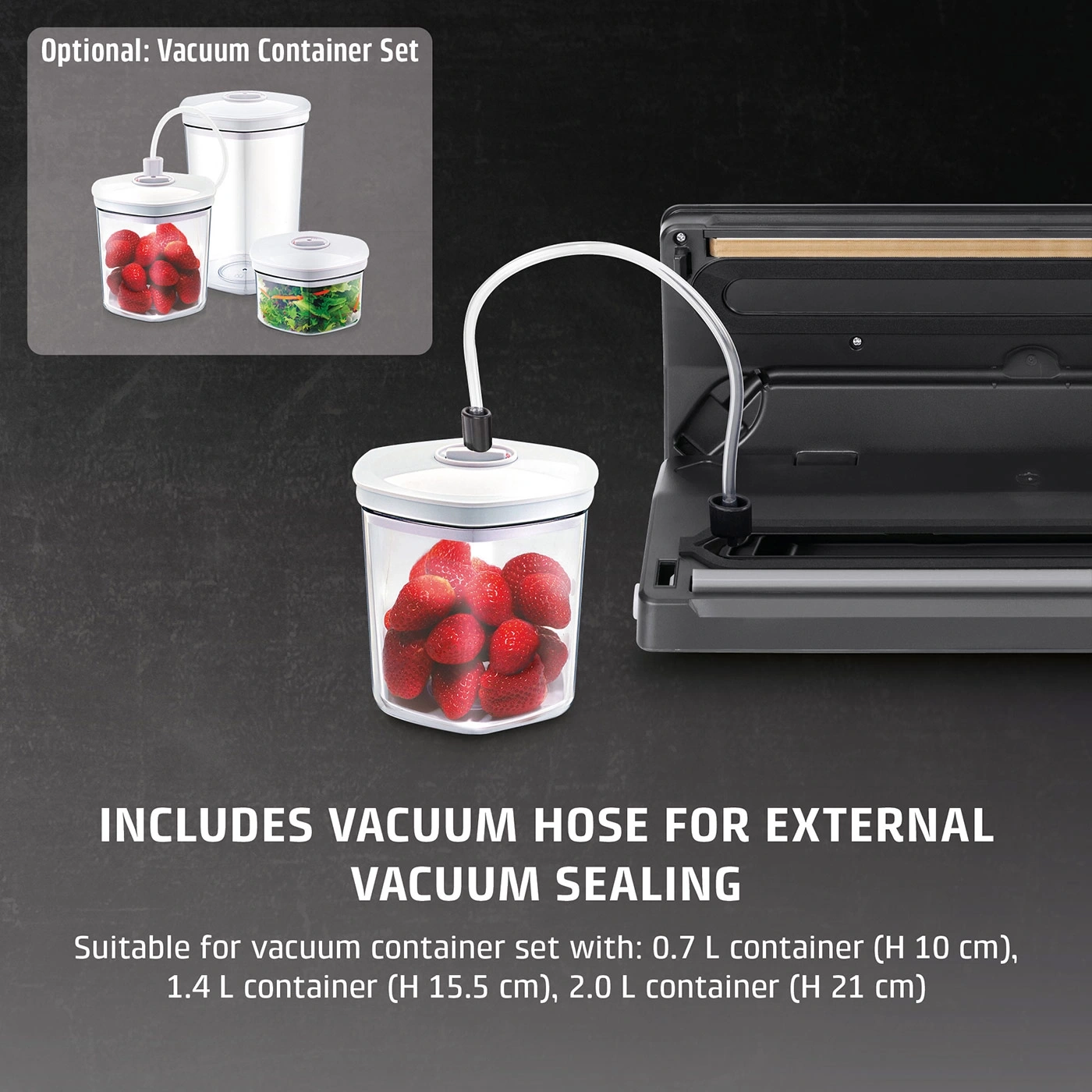 Vacuum sealer with hose and containers for external vacuum sealing