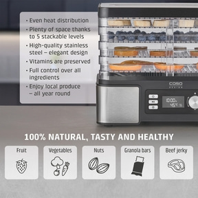 Food dehydrator with fruits, vegetables, nuts, granola bars and beef jerky. 100% natural, delicious and healthy.