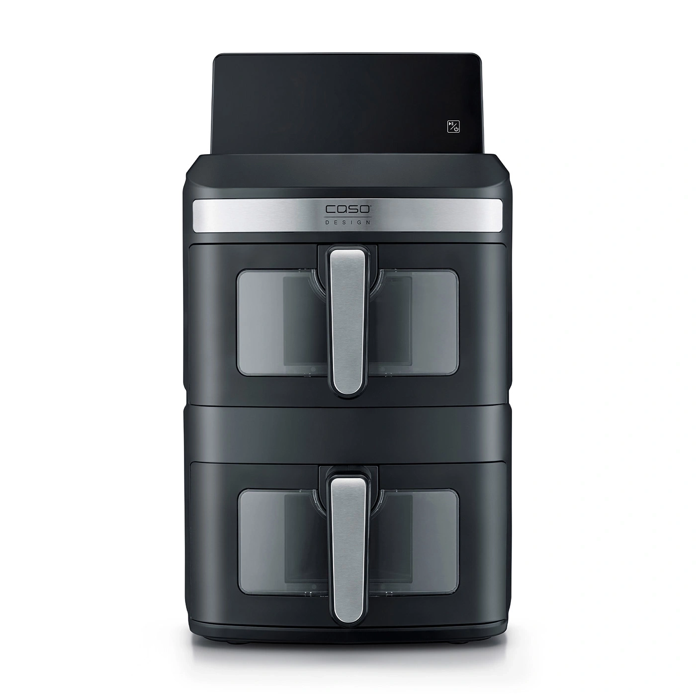 A modern, black dual air fryer tower with silver handles and viewing windows.