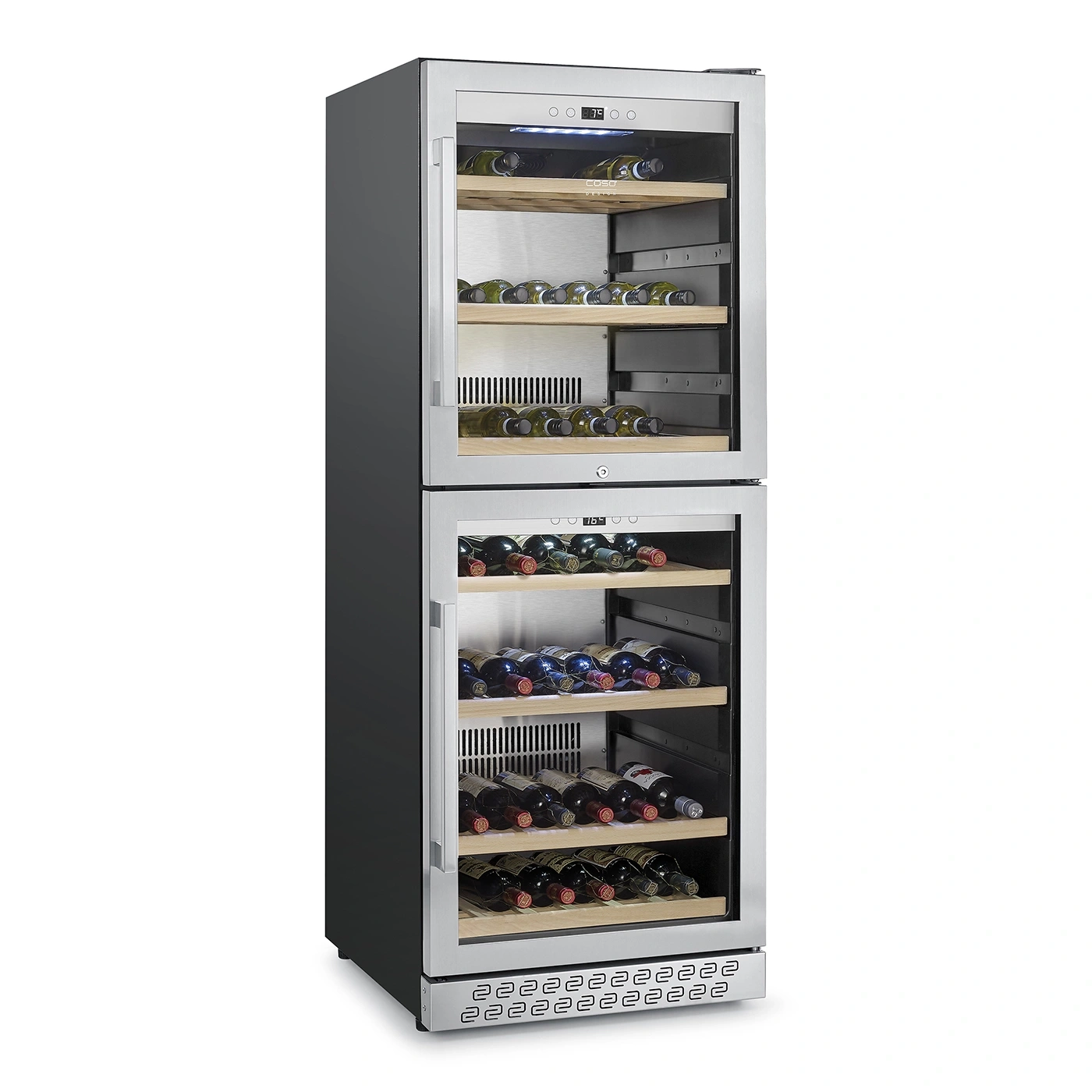 A stainless steel dual-zone wine cooler with glass doors and wooden shelves.