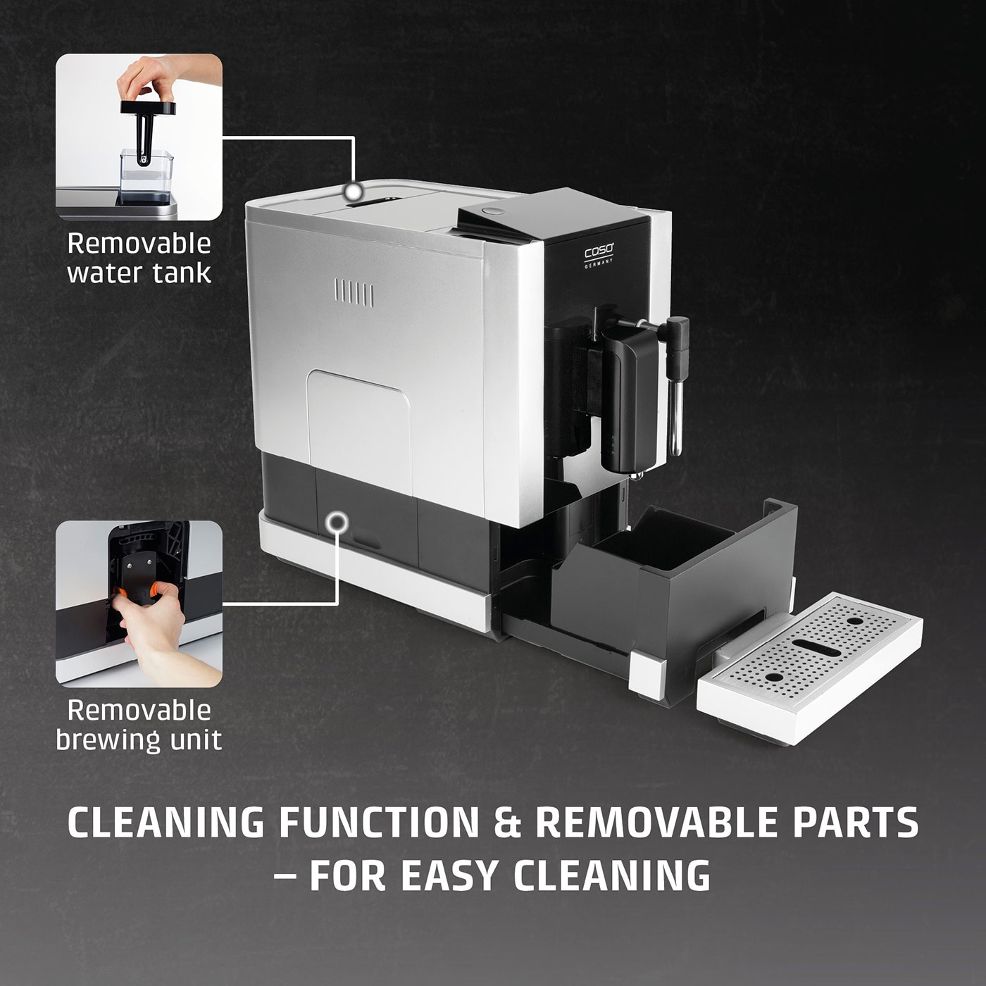 Coffee machine with removable water tank and brewing unit for easy cleaning.